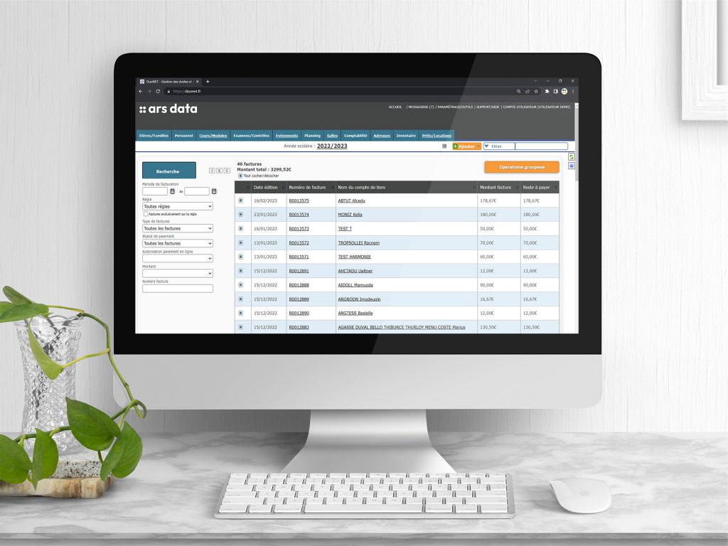 Simulation de l'historique des factures émises par le logiciel DuoNET pour le suvi comptable et financier de votre établissement